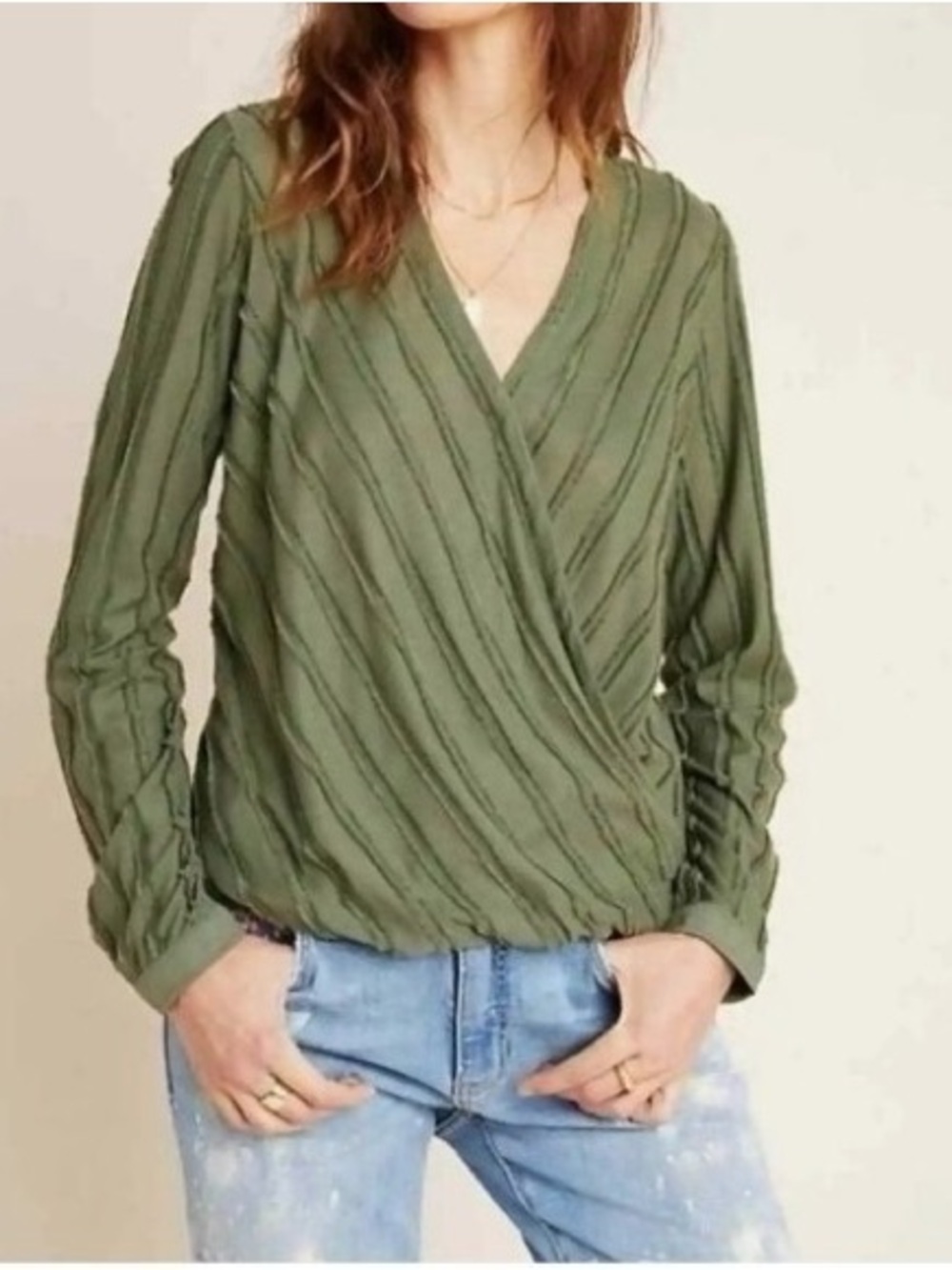 Maeve Anthropologie Olive Green Wrap-Front Long Sleeve Top